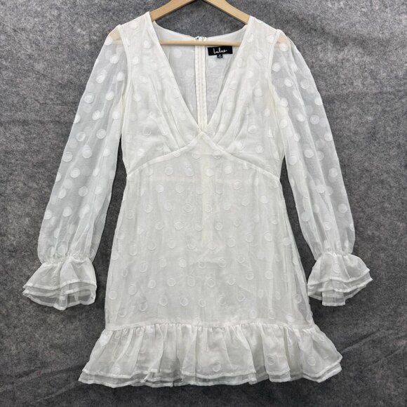 Lulus Dress Womens M White Polka Dot Sheer V Neck Babydoll Ruffle Coquette Y2K - Picture 1 of 10
